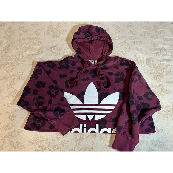 Adidas Big logo Burgundy/Black Leopard print cropped oversized Hoodie S - Picture 3 of 12